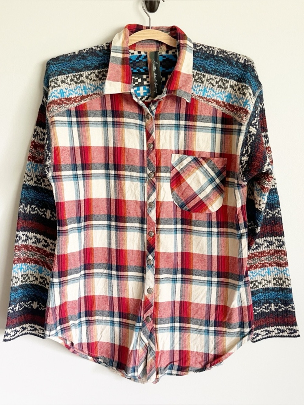 Aratta Silent Journey Top Size Medium Plaid Flannel Button Up Striped Sleeves